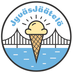 JyväsJäätelön logo, jossa on teksti "JyväsJäätelö", jäätelötötterö, Jyväsjärvi ja Jyväskylän silta.